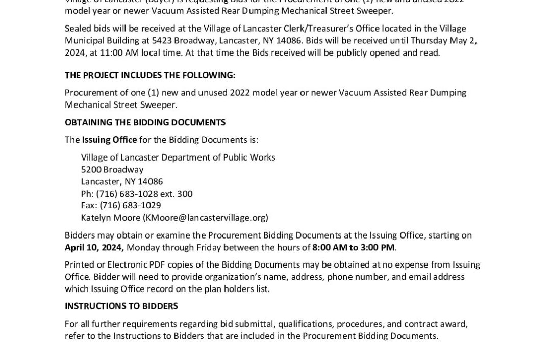 Ad for Bids Village of Lancaster, NY